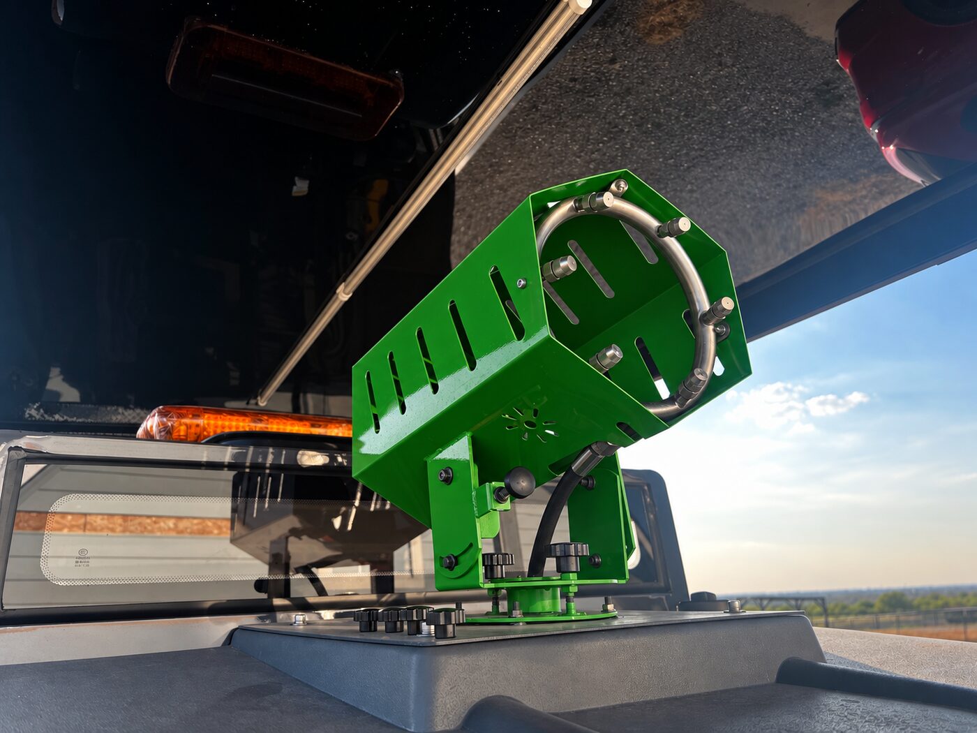 Green TurfMist misting cannon mounted on the TurfBoni